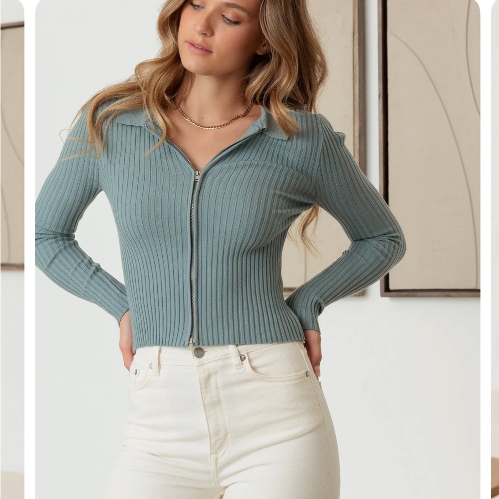 Ribbed Zip-Up Collared Long Sleeve Knit Top in Stone Blue NWT Size Various